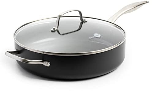 Greenpan Canterbury 5QT Sauté Pan with Lid, Hard Anodized Healthy Ceramic Nonstick, Non-Toxic PFAS & PFOA-Free, Stainless Steel Handle, Metal Utensil Safe, Dishwasher Safe, Oven Safe, Black