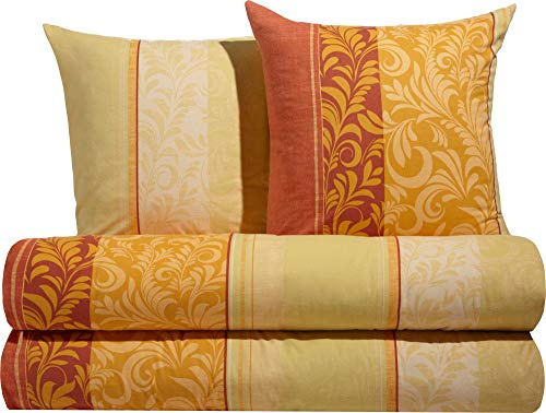Erwin Müller Flanell Bettwäsche, Bettgarnitur mit eleganten Ranken gelb-orange Größe 80x80 cm / 155x200 cm - temperaturausgleichend, mit Reißverschluss, 100% Baumwolle