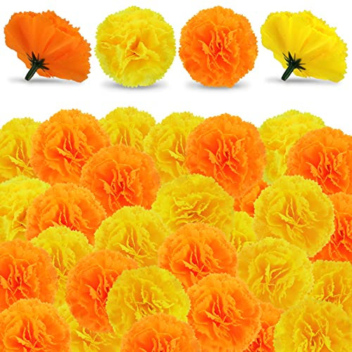 Künstliche Ringelblumenblumen - 50 Stück Halloween-Dekoration Orange Ringelblumenkopf Seide Gefälschtes Papier Blumen Girlande Dia de Los Muertos Dekor für Festival Hintergrund (25 Gelb + 25 Orange)