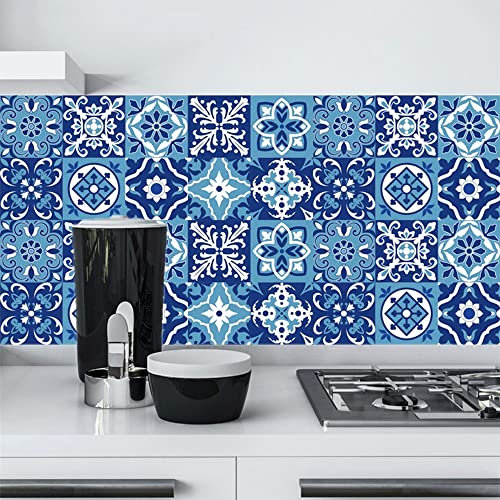 20pcs Blue and White Moroccan Tile Stickers, Kitchen Bathroom Wall Tile Stickers Peel and Stick on Tile Transfers Covers Decals Self Adhesive Vinyl Waterproof Vintage Mosaic (15cm x 15cm, 6x6 inches)