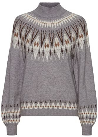 b.young BYOLIKA Jacquard Jumper 2 Damen Strickpullover Feinstrick Norweger Pullover Turtleneck Alpaka-Anteil, Größe:XL, Farbe:Birch Mix (200779)
