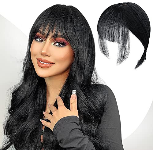 Echthaar Topper Top Haarteile Clip in Pony Haarverlängerung Haarteil, Clip in Fransen Fringe Bangs Verlängerung Haarteil Extensions Bangs natürliche Fringe Dünn Bang für Frauen Mädchen, Schwarz