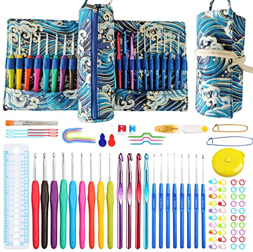 JOZEA Häkelsets, Zylindrische Form Häkelnadeln Set, Bunte Ergonomische Griffe Häkelnadeln, Zubehör Kit Häkelnadeln, mit tragbare Organisator Tasche, Dunkelblau