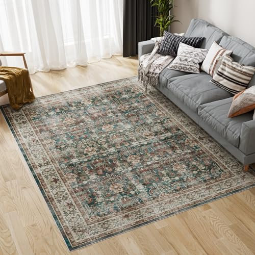 Dripex Washable Living Room rug Large 160x230cm Green Vintage Non-Slip Machine Washable Rug