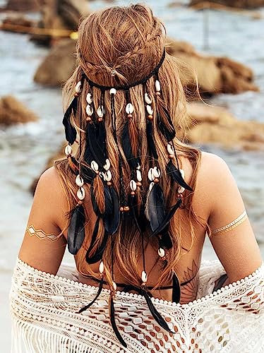 Yean Bandeau style bohème en plumes indiennes - Noir - Fait à la main - Accessoire pour cheveux