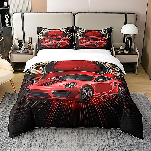 Rotes Rennauto 100% Baumwolle Bettbezug 155x220,Moderne Rennauto Bettwäsche Set,Geschwindigkeit Sport Auto Tröster Abdeckung,Gradient Neon Ombre Rennen Flagge Bettbezug mit 1 Kissenbezug