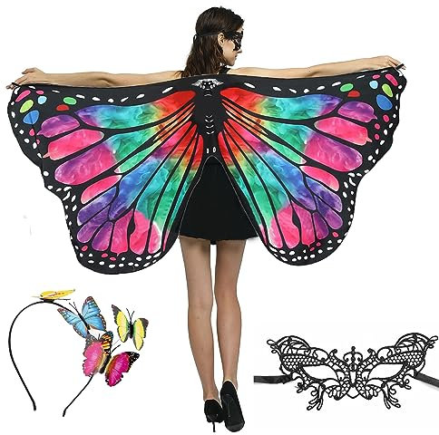 Xerteam Womens Girls Butterfly Wings Shawl, Butterfly Wings Cape with Black Lace Eye Mask and Butterfly Headband for Adult, Butterfly Costumes Fairy Pixie Cloak Fancy Dress Props Halloween Accessory