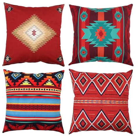 Alricc Set mit 4 Kissenbezügen, Südwesten, Westen, Stammes, rot, Indianer, Zuhause, kultureller geometrischer Farbton, Landdekoration, quadratisch, 45,7 x 45,7 cm