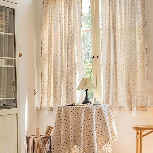 KnSam Wohnzimmer Vorhang Fenster mit Ösen Beige Blau, Zwei Schichten Blau Chrysantheme Bildschirm mit Spitze Schlafzimmer Vorhänge aus Baumwolle Leinen, 140x160CM(BxH)