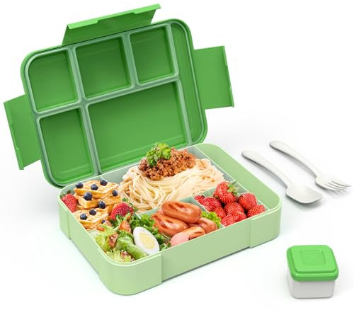 HOBUE Fiambrera infantil con compartimentos, fiambrera para niños, 1300 ml, a prueba de fugas, caja bento con 6 compartimentos, juego de cubiertos, caja de desayuno para niños, jardín, escuela (Vert)