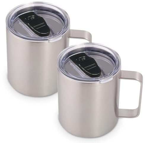 Volhoply 14oz Insulated Stainless Steel Coffee Mug with Lid Bulk 2 Pack,Double Wall Vacuum Travel Coffee Cup with Handle,Reusable Metal Tumbler,Camping Mugs Keep Hot,Christmas Gifts(Silver,2)
