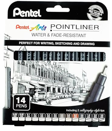 Pentel Pointliner YS20P-14 Set Fineliner inkl 2 Kalligraphiespitzen, wasserfest und lichtecht, 0,03 mm bis 3,0 mm, 14 Stück