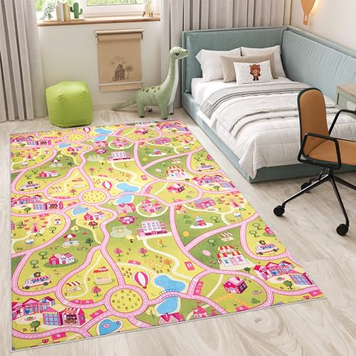 TAPISO Flannel Tapis Chambre Enfant Bébé Fille Garçon Antidérapant Lavable Rose Vert Bleu Blanc Tapis de Jeux Voiture Circuit Route Ville Poils Ras Oeko-TEX Résistant 140 x 200 cm