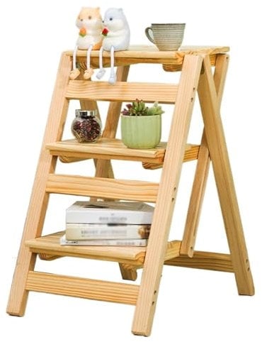 Klappbarer Tritthocker aus Holz, 3-stufige Leiter aus natürlichem Kiefernholz, faltbare Trittleiter für Erwachsene, Hocker und Aufbewahrungsregal, multifunktionaler faltbarer Tritthocker für Garderobe