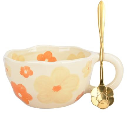 XinHuiGY Bonita taza de café, tazas de té de cerámica, taza de café irregular hecha a mano, taza de flor naranja con cuchara, tazas estéticas para cacao con leche, regalo del día de la madre para mamá