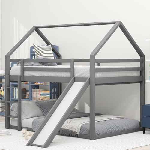 Skcess Doppelbett Kinderbett Hausbett Etagenbett Mit Rutsche Und Leiter, Kinderzimmer Hoch-Doppel-Stockbett, Grau, 140X200Cm