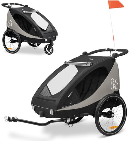 hauck Fahrradanhänger & Kinderwagen Set Dryk Duo Plus für 2 Kinder (6-48 Monate), inkl. Regenschutz, Sonnensegel, Deichsel, Buggyrad, Fahne und LED Licht - Black