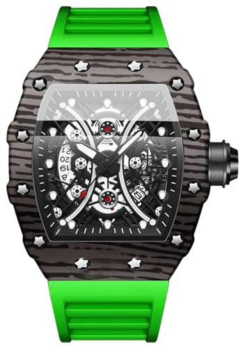 OIDEA Herren Silikon Armbanduhr Tonneau: Grün Armband Herrenuhr Analog Quarz Uhr Kalender mit großem Zahnrad Zifferblatt Sport Uhren Geschenk für Männer Freund