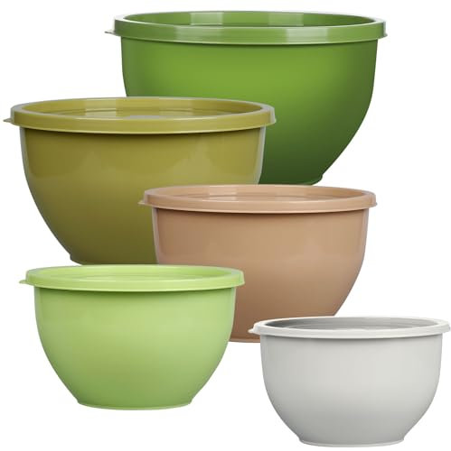 Greentainer 5-Piece Plastic Mixing Bowls with Lids Set for Kitchen, Nesting Bowls for Mixing, Baking, Prepping, Cooking and Serving Food, Mixing Bowls Dishwasher, Microwave Safe (5 Set-Green)