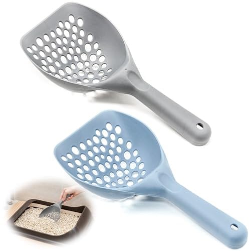 Petopedia 2x Cat Litter Scoop LARGE – Plastic Shovel, Poop Scoop for Cats Litters Tray – Handy Sand Sifter, Poo Sieve Cleaning Tool – Used with Trays and Litter Box for Cats & Kittens (BLUE and GREY)