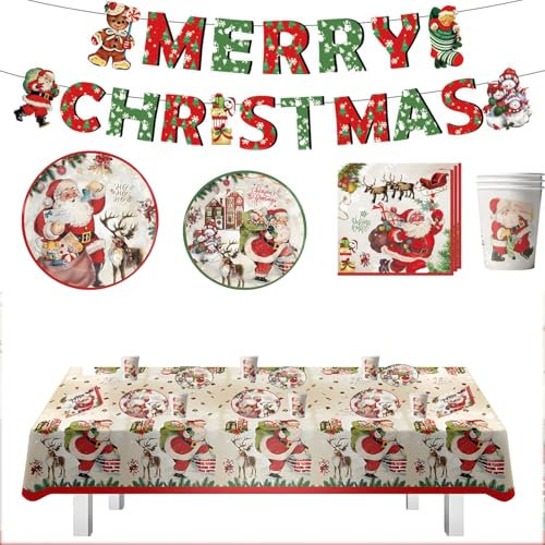 Vajilla de Fiesta de Navidad - Juego de Platos de Papel Reutilizables, Vasos, Servilletas y Mantel para Cumpleaños (A)
