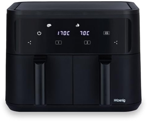 H.Koenig Friteuse sans Huile Airfryer 2 Bacs XXL FRY900, Double Capacité 9L, Reglable 80-200°C, 5 Modes de Cuisson, Minuteur 60min, 8 Programmes, Ecran Tactile