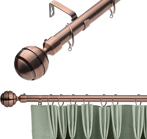 K Kestrel 28mm Antique Copper Adjustable Telescopic Extendable Metal Curtain Pole Set Rings with Ribbed Ball Finial Voile Easy fit to Outdoor, Bedroom, Living Room (70-120 cm)