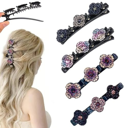 4 Stück Doppelschicht Haarspange,Geflochtene Haarspangen,Haarspangen mit funkelnden Kristallsteinen,Geflochtene Strass-Haarspangen,Elegante Haarstyling-Clips Strass-Haarspange,für Damen und Mädchen