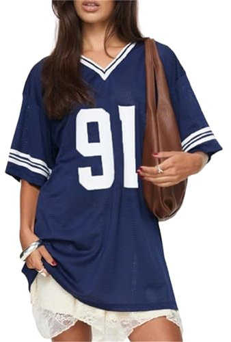 Übergroße Jersey-Shirts für Damen, Nummer-Grafik-T-Shirt, V-Ausschnitt, halbe Ärmel, Y2K, Streetwear, F-Marineblau, M