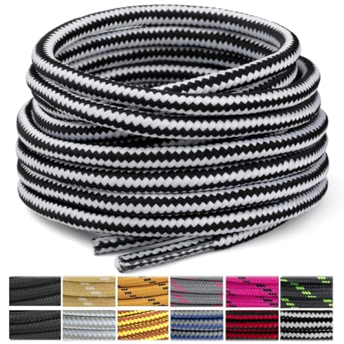 Stepace Lacets Ronds pour Bottes [2 Paires] Lacets Renforcés et Résistants pour Bottines, Chaussures de Randonnée, Chaussures de Travail Black White-70(Stripe)