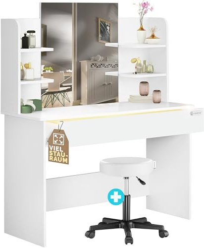 Casaria® Schminktisch mit Spiegel Weiß Schublade mit Beleuchtung Distanzsensor Kosmetiktisch mit Hocker Frisiertisch 110cm breit Make-Up-Tisch Holz