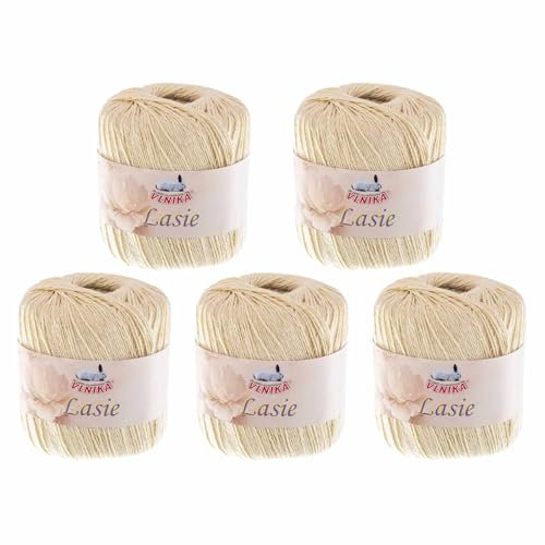 5 Knäuel Häkelgarn Lasie je 150m/50g mit Glitzer Sommergarn Strickgarn Glitzerwolle 15 Farben, Farbe:creme