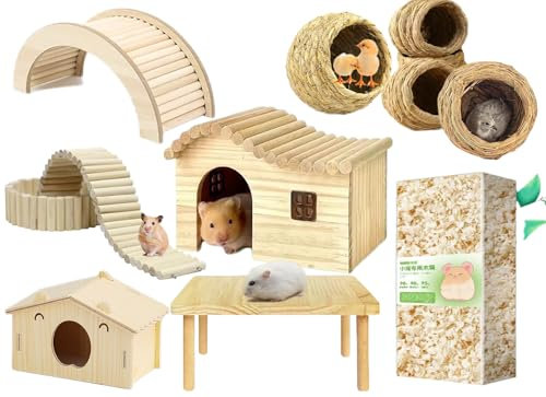 Moderne Pinienhamsterkäfig Kleintierhabitat, für Wohnen, Spielen und Landschaftsbildung im Kinderkasten Enthält sechs Stück Haus, Tisch, Zaun, Vogelnest Holzbrücke, Sägemehl 8 Stück(Decorative Set)