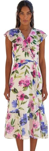 Roman Frill Dress for Women UK Ladies Summer Wrap Chiffon Frill Hem Layered Belted Midi Maxi Tiered Cape Special Occasion Fit & Flare Wedding Guest Swing Skater - White Floral - Size 16
