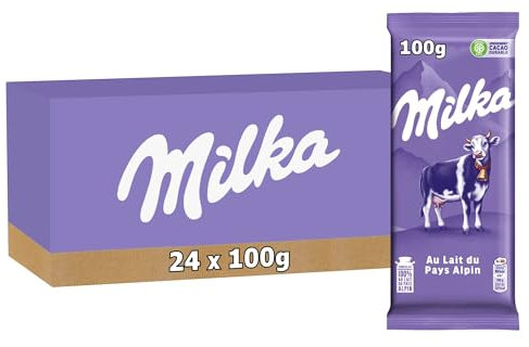 MILKA - 24 Tablettes de Chocolat au Lait Milka 100g - Chocolat au Tendre Lait du Pays Alpin - Lot de Tablettes de Chocolat au Lait - Lot de 24x100g