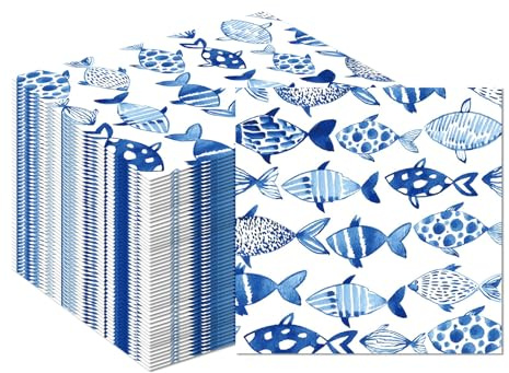 MORAINJAY 40 Stück Fische Servietten, 33x33cm Blaue Papierservietten, Kinder Party Geburtstag Tischdeko Junge Mädchen