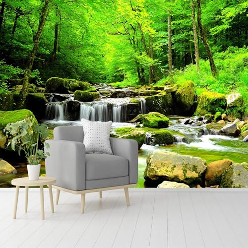 Custom Size Wall Murals,Forest Stream with Mossy Rocks Self-Adhesive Removable Wall Covering Fabric, Large Photo Wallpaper for Living Room Bedroom Kitchen Office Kids.