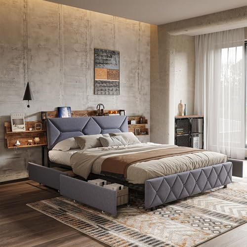 MISNODE Bett 140 x 200 cm mit Lattenrost, Bett 140 x 200 cm mit 4 Schubladen, ausziehbaren Nachttischen und 3 USB, 1 Typ C, Lattenrost, gepolstert, für Erwachsene, ohne Matratze (Grau 140 x 200 cm)