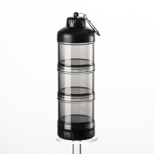 lmoikesz Protein Powder Layer Funnel Powder Container Portable Box and Small for Kitchen Food Storage Grade PC, for Gym Travel, Transparent Black