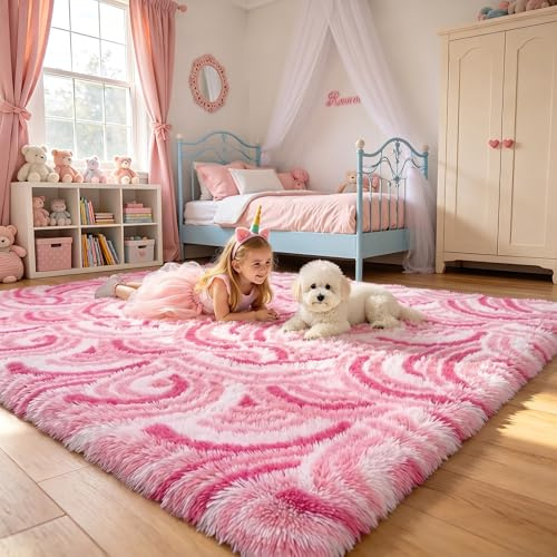Enyhom Teppich Wohnzimmer Hochflor, Teppich Schlafzimmer Waschbar in Waschmaschine Flauschiger Regenbogenmuster Kinderzimmer Teppiche rutschfest Wohnzimmerteppich (Rosa, 200 x 290 cm)