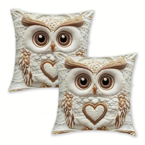 Ueiwffzo 2er Set Kissenbezüge, Niedliche Weiche Tiere Alpaka/Kuh 2D Muster Dekorative Wurfkissenbezüg, Kissenbezüge für Sofa Wohnzimmer Schlafzimmer 45x45 cm (Eule)