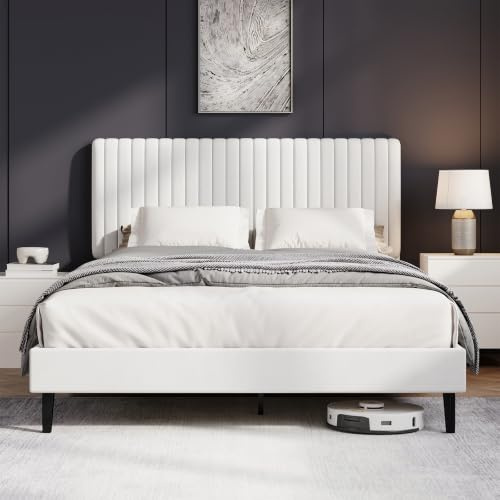 HOMBCK Polsterbett 140x200cm, Bett 140x200cm mit Lattenrost, Weiß | Höhenverstellbares Kopfteil Jugendbett, Samt Bettgestell, Ohne Matratze, Einfache Montage