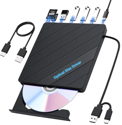 ELUTENG Externes DVD CD Laufwerk USB 3.0 & Typ-C Externer CD/DVD Brenner & Player mit 0.6m USB-C Kabel, Portable CD/DVD +/-RW Laufwerk für Laptop PC MacBook Windows 11/10/8/7 Mac OS