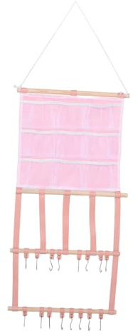 UTHCLO Organizador de Pared para Accesorios de Cabello para Niñas, Soporte Colgante 4 Bolsillos de Tela y 16 Ganchos de Acero Inoxidable, Color Rosa, Estante para Diademas y Horquillas,
