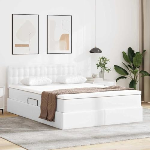 Kaloriko Aufbewahrungsbett mit Matratze, Reinweiß Kunstleder, 140x200 cm Doppelbett mit Hydraulik-Lift, Geräumiger Stauraum, Modernes Schlafzimmer Möbel