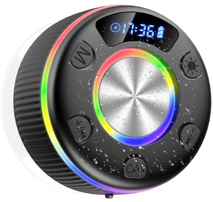 Bluetooth Shower Speaker, 2026 Portable wireless speakers with Led Light, IP7 Waterproof with Suction Cup, 8H Playtime, Stereo Bass, Time Display RGB Lights, Bulit-in Mic, Speaker for Bathroom, Travel