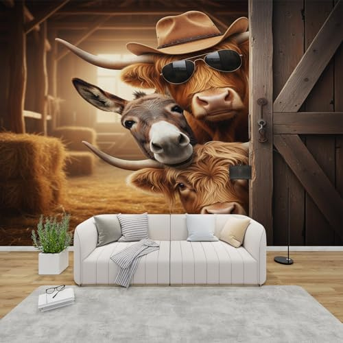 AevuCub Tapete Bauernhoftiere, Fototapete Lustige Schlafzimmer, Tapeten Vliestapete Hochlandrind Esel Wohnzimmer, Wandtapete Kinderzimmer Bauernhof Tiere Wanddeko, 416 x 254 cm (B x H)