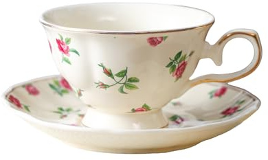 fanquare Juego de Taza de Café y Plato de Porcelana con Borde Dorado 180ml,Taza de Té Vintage con Estampado de Rosas Rosas para Capuchino Latte Té de la Tarde y Desayuno