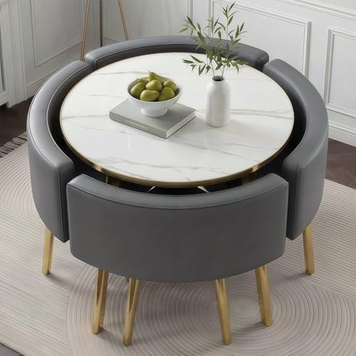 Generisch Esszimmergruppe Esstisch mit 4 Stühlen, Runder Küchetisch aus Marmoroptik Tischplatte mit PU-Leder Gepolsterten Stühlen, Tisch und 4 Stühle für Küche, Wohnzimmer, Balkon, Büro (Gold)