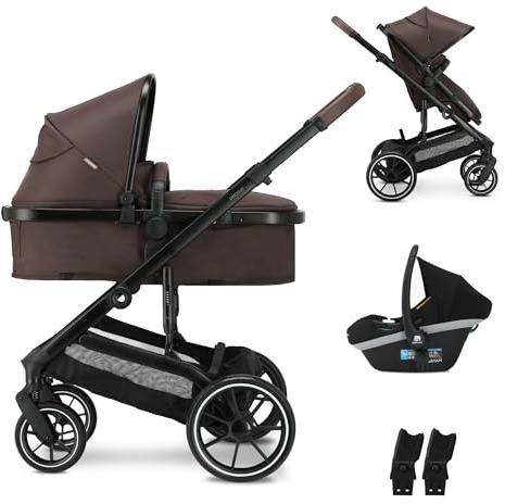 Deryan NOA Kinderwagen 3 in 1 Kinderwagenset bis 22 kg (0-4 jahre) mit Kindersitz I-SIZE 40-75 cm, Buggy Funktion, Liegeposition verstellbar, Große ausziehbare Verdeck, Aufblasbare Räder, Schokoladen